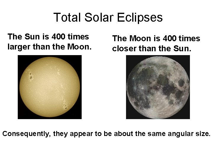 Total Solar Eclipses The Sun is 400 times larger than the Moon. The Moon Total Solar Eclipses The Sun is 400 times larger than the Moon. The Moon