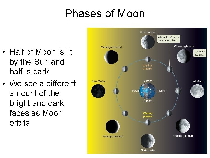 Phases of Moon • Half of Moon is lit by the Sun and half Phases of Moon • Half of Moon is lit by the Sun and half