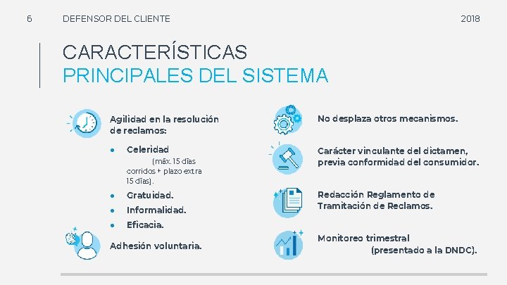 6 DEFENSOR DEL CLIENTE 2018 CARACTERÍSTICAS PRINCIPALES DEL SISTEMA Agilidad en la resolución de