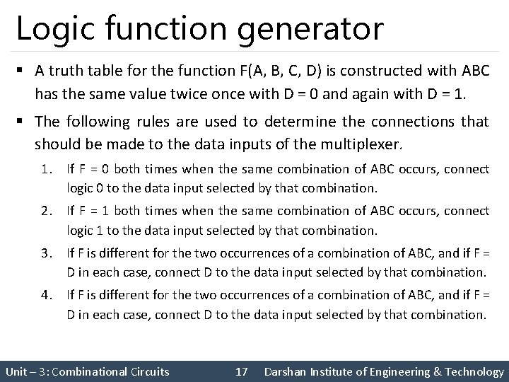 Logic function generator § A truth table for the function F(A, B, C, D)