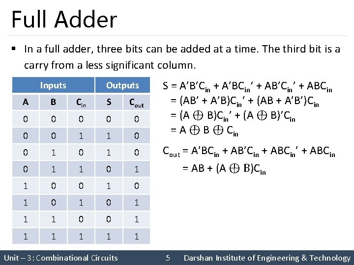 Full Adder § In a full adder, three bits can be added at a