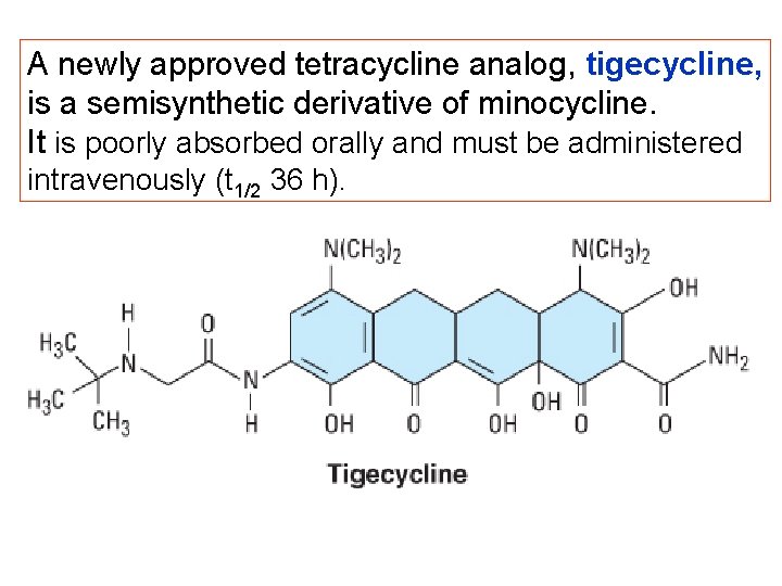 A newly approved tetracycline analog, tigecycline, is a semisynthetic derivative of minocycline. It is