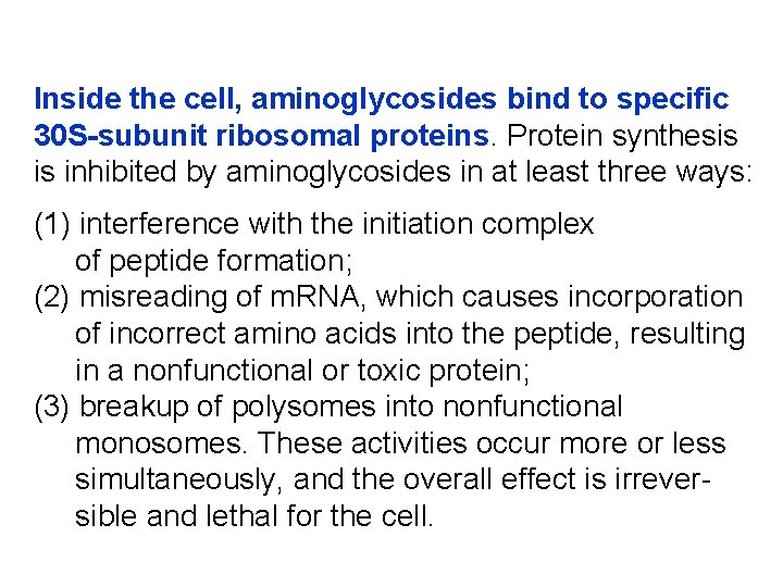 Inside the cell, aminoglycosides bind to specific 30 S-subunit ribosomal proteins. Protein synthesis is