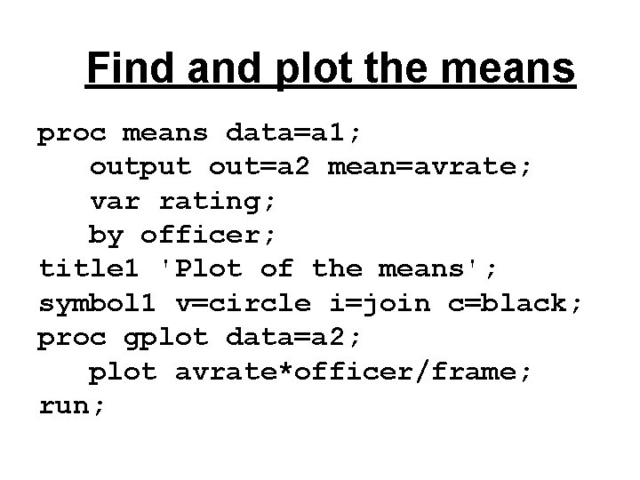 Find and plot the means proc means data=a 1; output out=a 2 mean=avrate; var