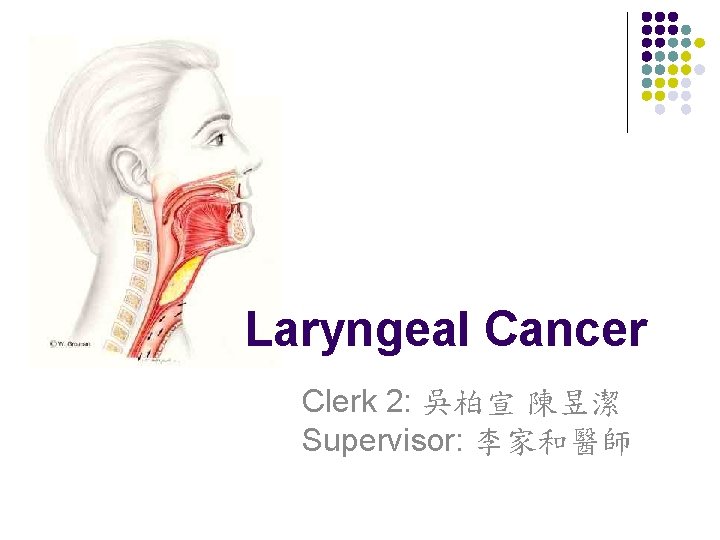 Laryngeal Cancer Clerk 2: 吳柏宣 陳昱潔 Supervisor: 李家和醫師 