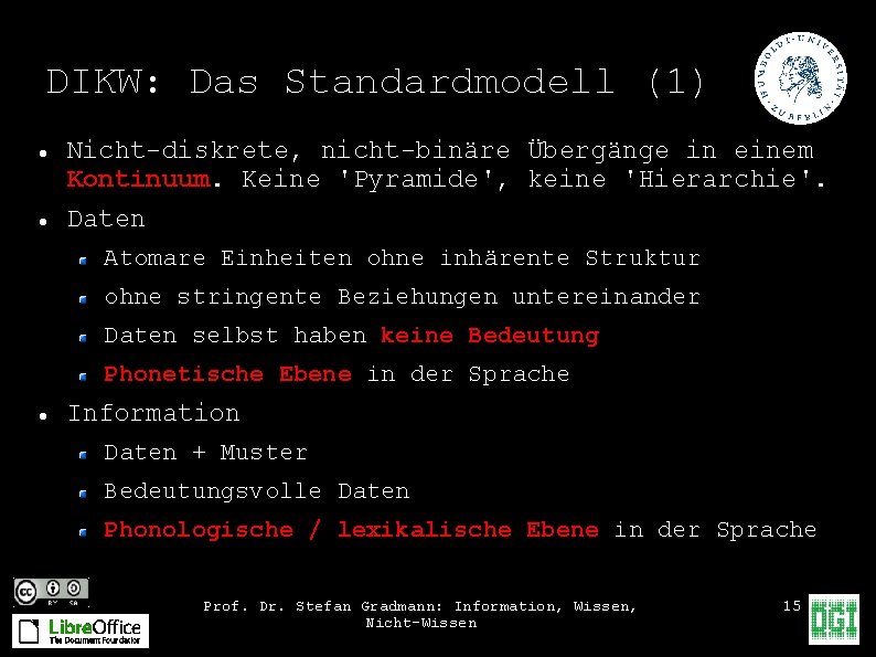 DIKW: Das Standardmodell (1) Nicht-diskrete, nicht-binäre Übergänge in einem Kontinuum. Keine 'Pyramide', keine 'Hierarchie'.