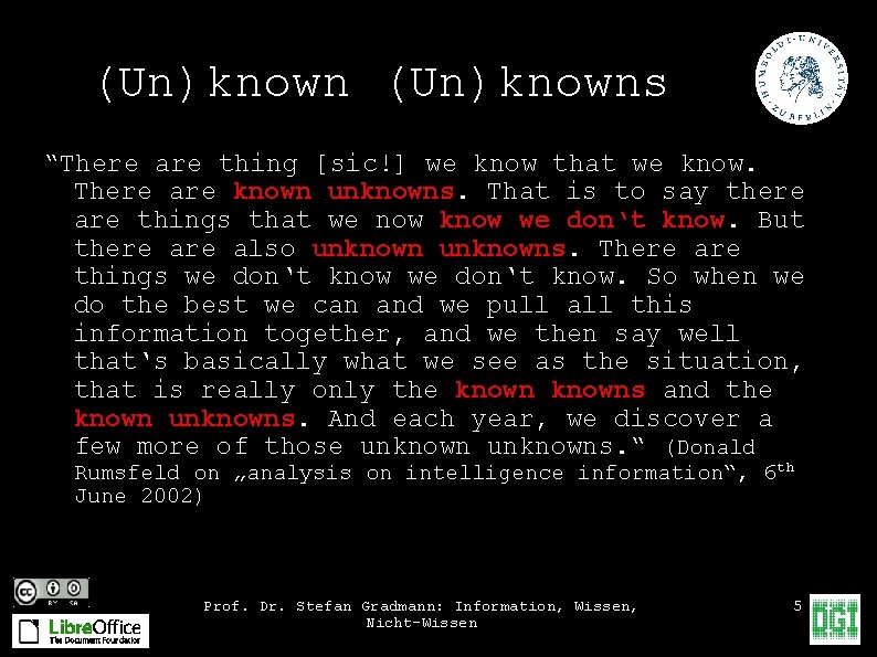 (Un)knowns “There are thing [sic!] we know that we know. There are known unknowns.
