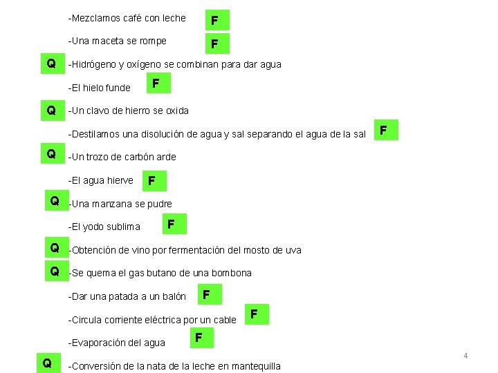 Q -Mezclamos café con leche F -Una maceta se rompe F -Hidrógeno y oxígeno