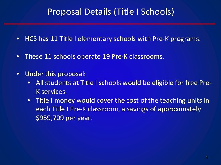 Proposal Details (Title I Schools) • HCS has 11 Title I elementary schools with
