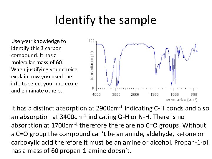 Identify the sample Use your knowledge to identify this 3 carbon compound. It has
