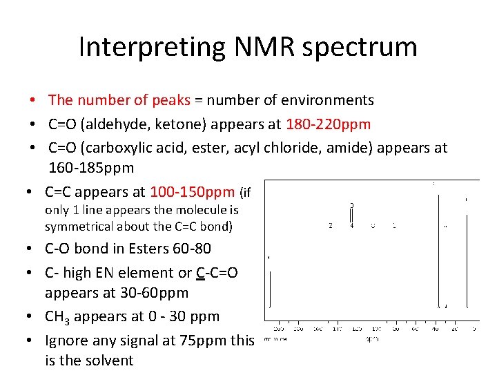 Interpreting NMR spectrum • The number of peaks = number of environments • C=O