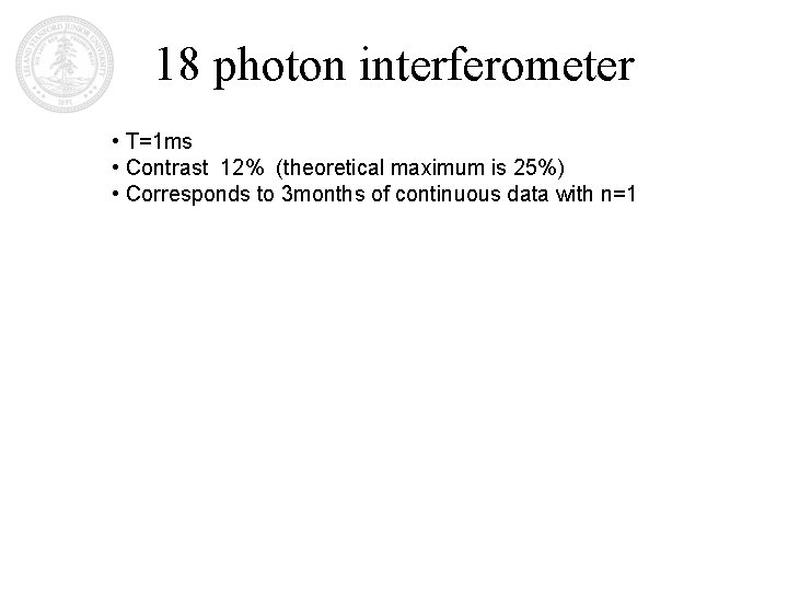 18 photon interferometer • T=1 ms • Contrast 12% (theoretical maximum is 25%) •
