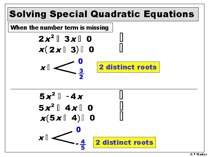 Solving Special Quadratic Equations When the number term is missing 2 distinct roots ©