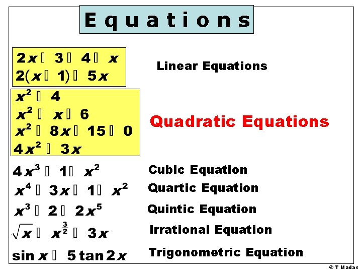 Equations Linear Equations Quadratic Equations Cubic Equation Quartic Equation Quintic Equation Irrational Equation Trigonometric