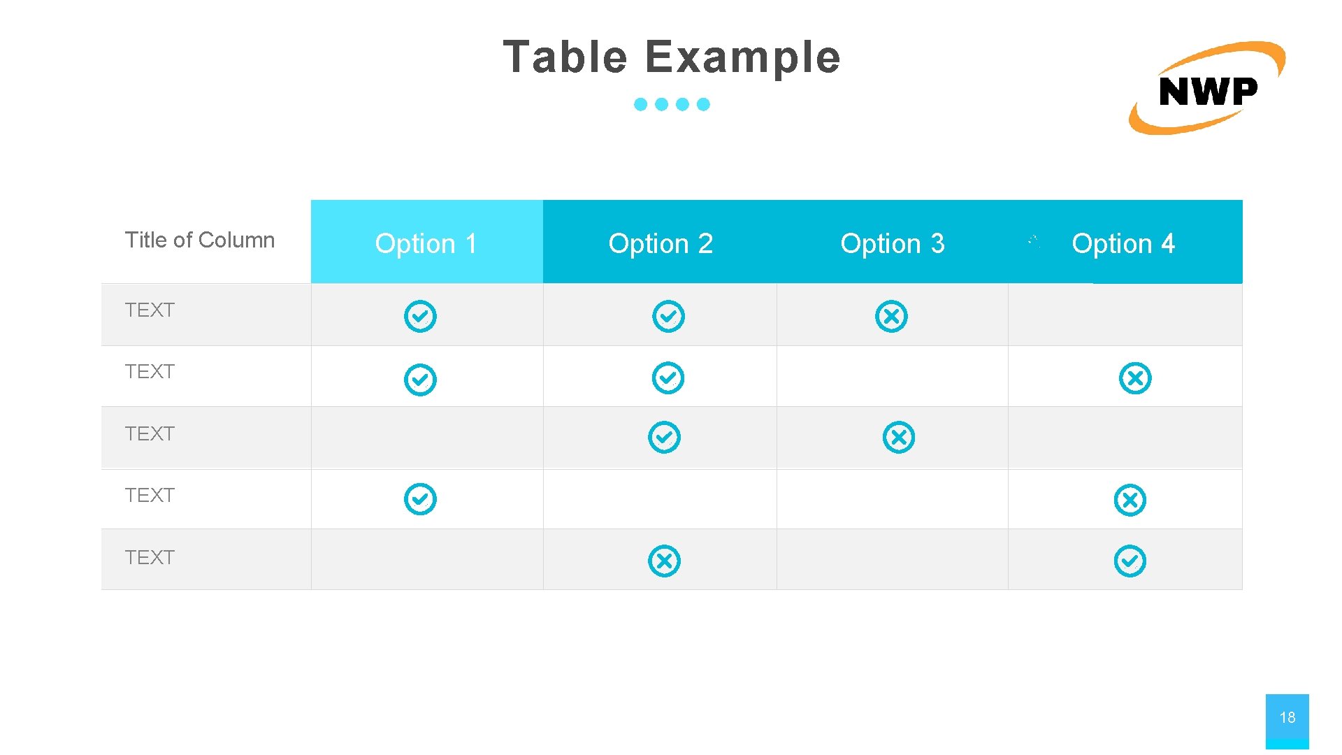 Table Example Title of Column Option 1 Option 2 Option 3 Option 4 TEXT