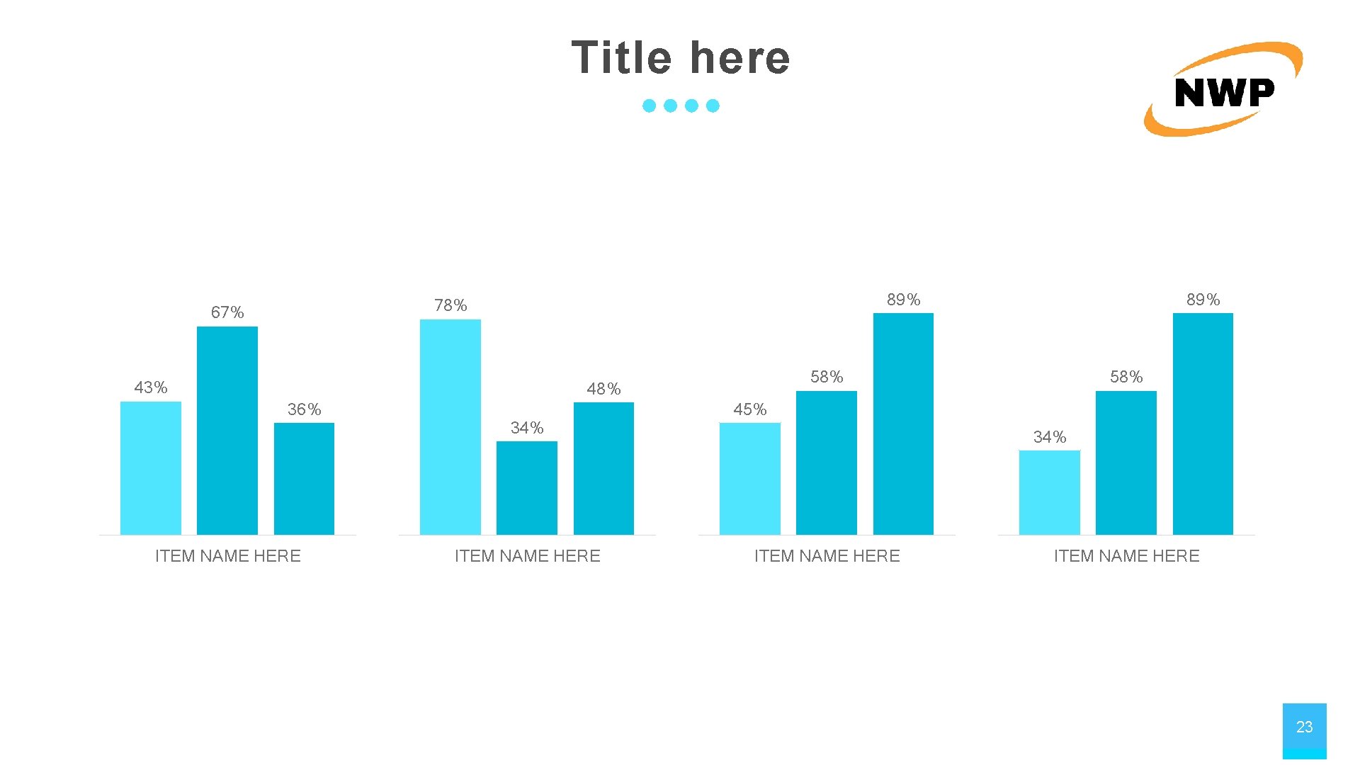 Title here 89% 78% 67% 43% 58% 48% 36% ITEM NAME HERE 34% ITEM