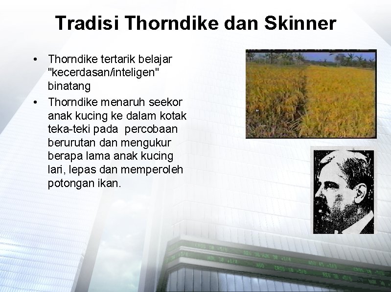 Tradisi Thorndike dan Skinner • Thorndike tertarik belajar "kecerdasan/inteligen" binatang • Thorndike menaruh seekor