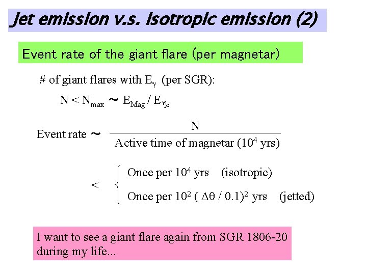 Jet emission v. s. Isotropic emission (2) Event rate of the giant flare (per