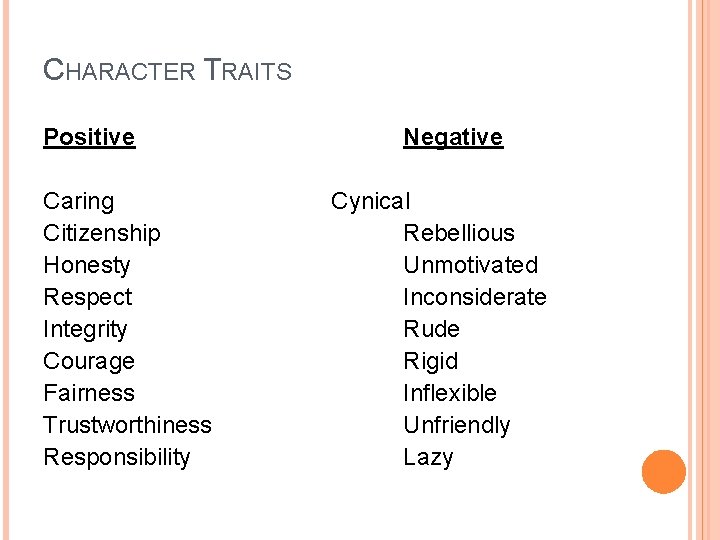 Positive and negative character traits
