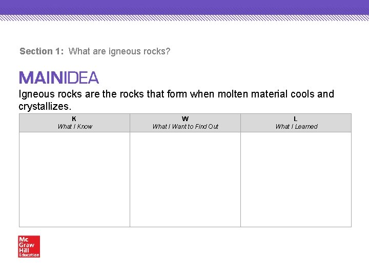 Section 1: What are igneous rocks? Igneous rocks are the rocks that form when