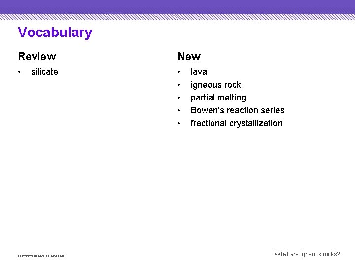 Vocabulary Review New • • • silicate Copyright © Mc. Graw-Hill Education lava igneous