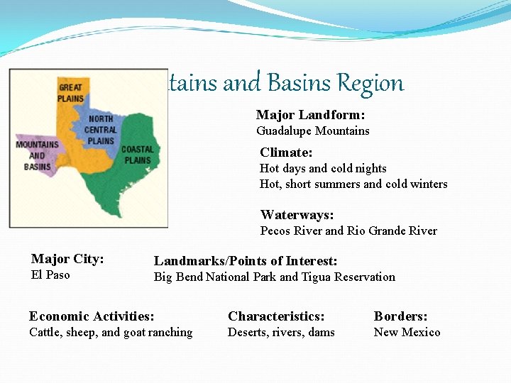 Mountains and Basins Region Major Landform: Guadalupe Mountains Climate: Hot days and cold nights