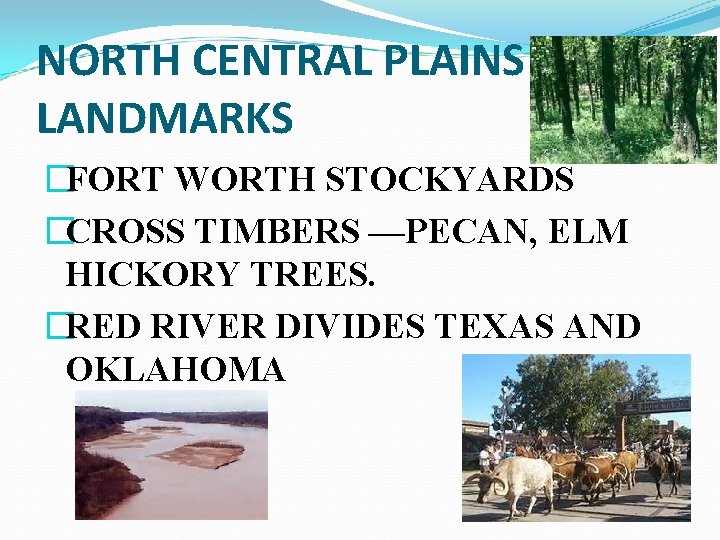 NORTH CENTRAL PLAINS LANDMARKS �FORT WORTH STOCKYARDS �CROSS TIMBERS —PECAN, ELM HICKORY TREES. �RED