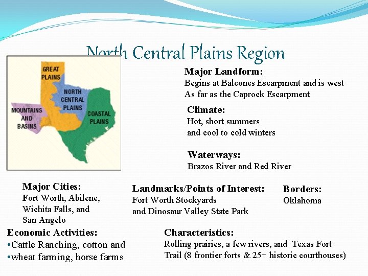 North Central Plains Region Major Landform: Begins at Balcones Escarpment and is west As