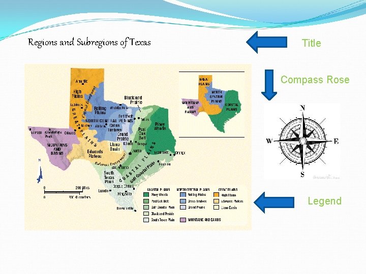 Regions and Subregions of Texas Title Compass Rose Legend 