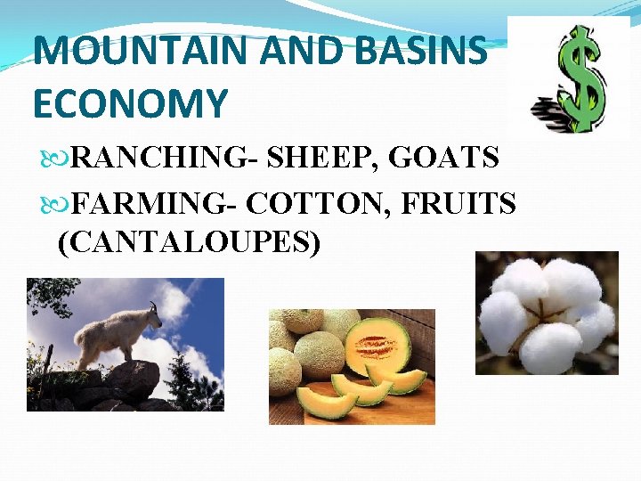 MOUNTAIN AND BASINS ECONOMY RANCHING- SHEEP, GOATS FARMING- COTTON, FRUITS (CANTALOUPES) 