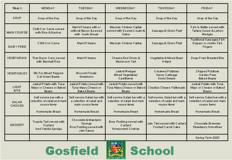 Week 2 MONDAY TUESDAY WEDNESDAY THURSDAY FRIDAY SOUP Soup of the Day Soup of