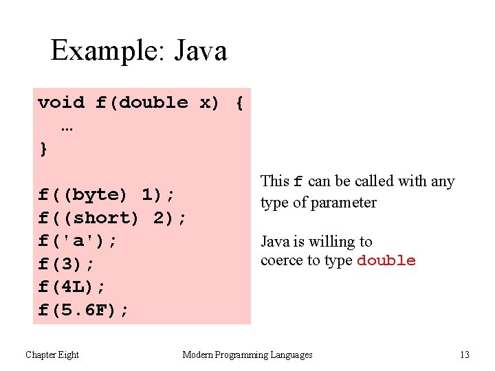 Example: Java void f(double x) { … } f((byte) 1); f((short) 2); f('a'); f(3);