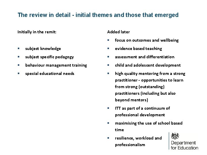 The review in detail - initial themes and those that emerged Initially in the The review in detail - initial themes and those that emerged Initially in the