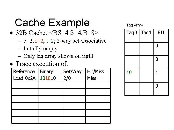 Cache Example l 32 B Cache: <BS=4, B=8> Tag Array Tag 0 Tag 1