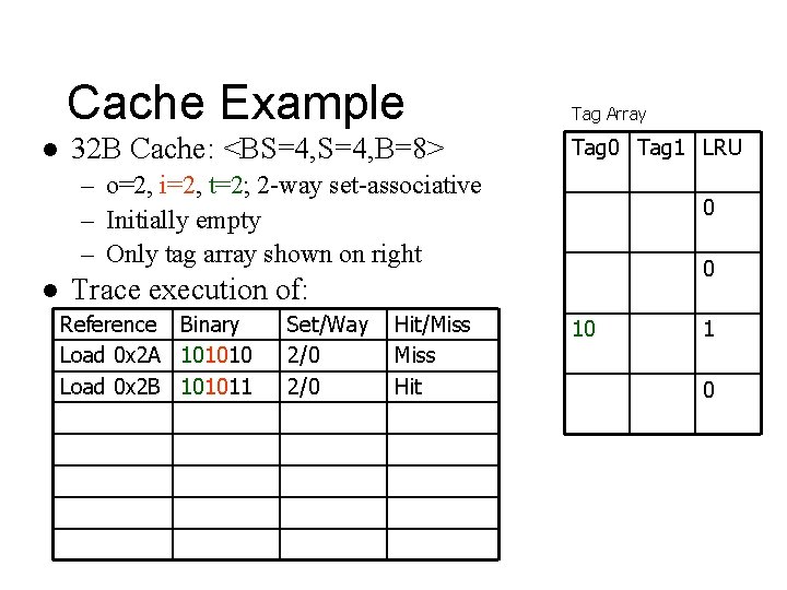 Cache Example l 32 B Cache: <BS=4, B=8> Tag Array Tag 0 Tag 1