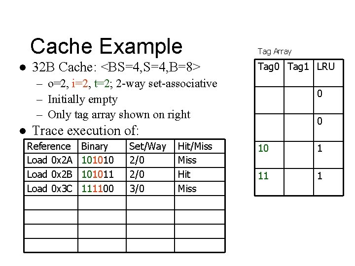 Cache Example l 32 B Cache: <BS=4, B=8> Tag Array Tag 0 Tag 1
