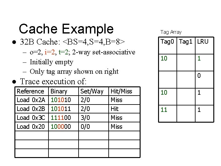 Cache Example l 32 B Cache: <BS=4, B=8> – o=2, i=2, t=2; 2 -way