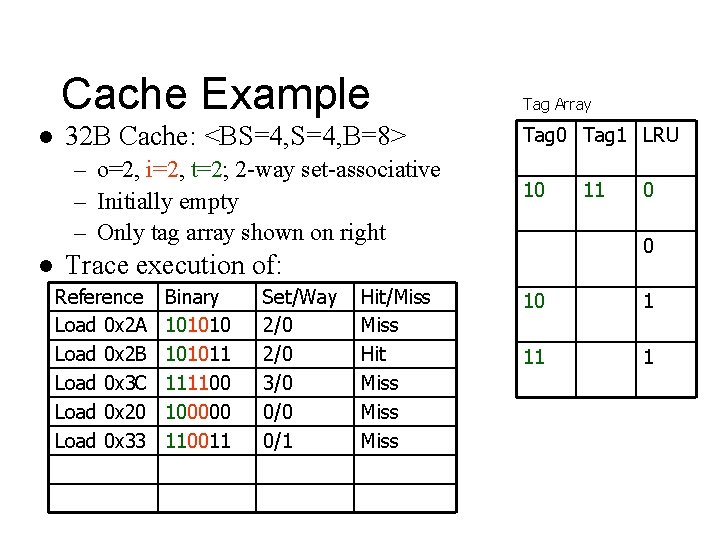 Cache Example l 32 B Cache: <BS=4, B=8> – o=2, i=2, t=2; 2 -way