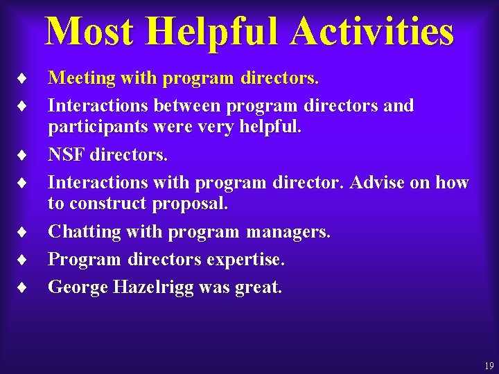 Most Helpful Activities ¨ ¨ ¨ ¨ Meeting with program directors. Interactions between program