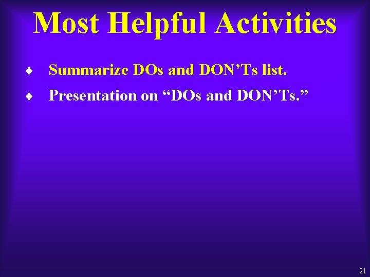 Most Helpful Activities ¨ Summarize DOs and DON’Ts list. ¨ Presentation on “DOs and