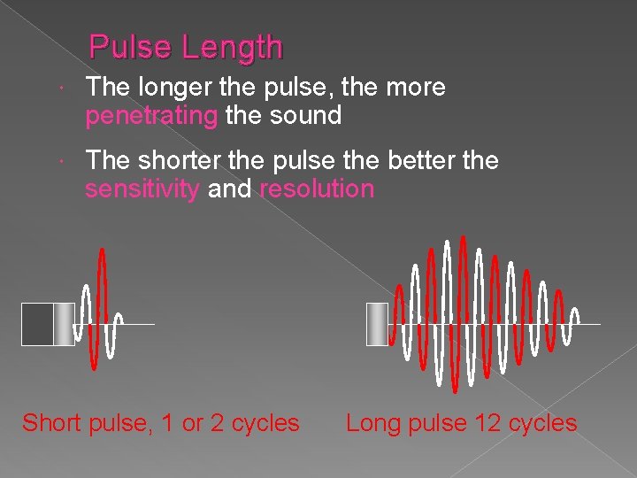 Pulse Length The longer the pulse, the more penetrating the sound The shorter the