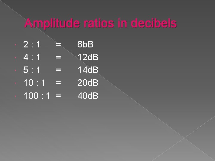 Amplitude ratios in decibels 2: 1 4: 1 5: 1 100 : 1 =