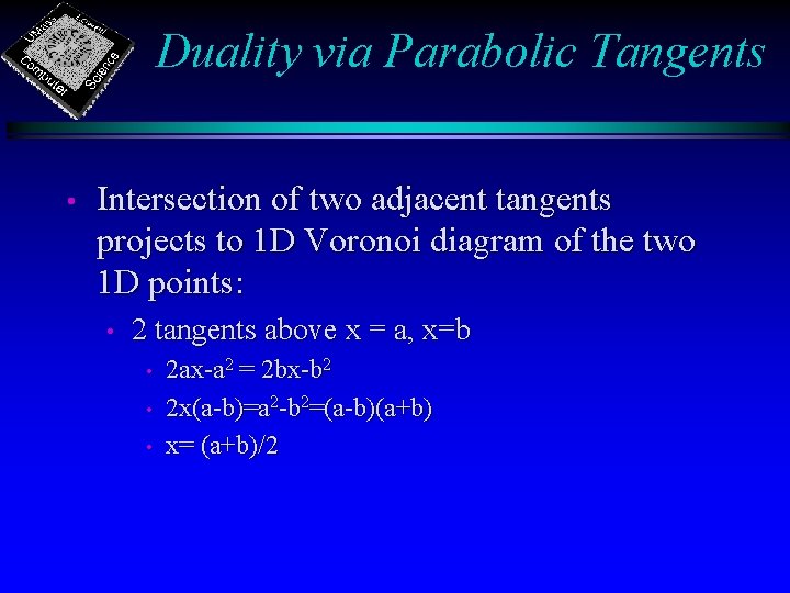 Duality via Parabolic Tangents • Intersection of two adjacent tangents projects to 1 D