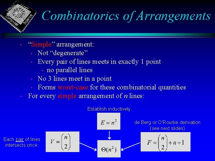 Combinatorics of Arrangements • • “Simple” arrangement: • Not “degenerate” • Every pair of
