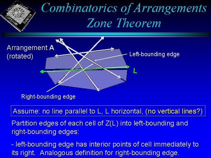 Combinatorics of Arrangements Zone Theorem Arrangement A (rotated) Left-bounding edge L Right-bounding edge Assume:
