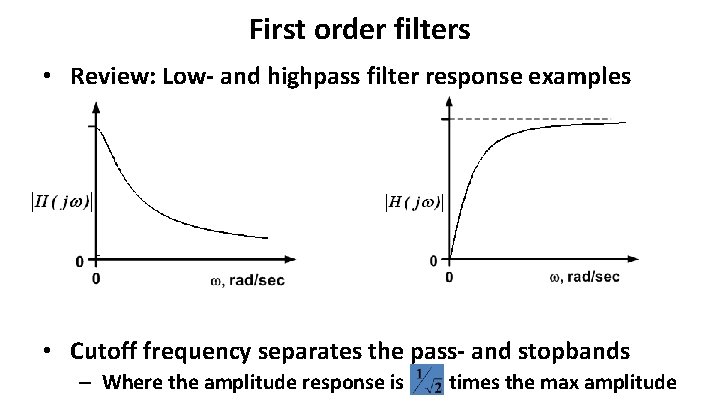 First order filters • Review: Low- and highpass filter response examples • Cutoff frequency