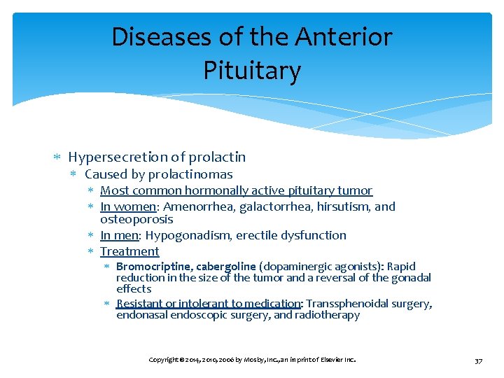 Diseases of the Anterior Pituitary Hypersecretion of prolactin Caused by prolactinomas Most common hormonally