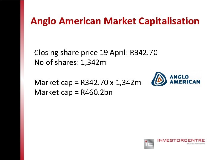 Anglo American Market Capitalisation Closing share price 19 April: R 342. 70 No of