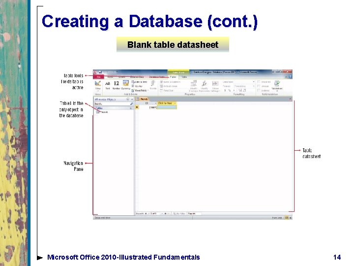 Creating a Database (cont. ) Blank table datasheet Microsoft Office 2010 -Illustrated Fundamentals 14