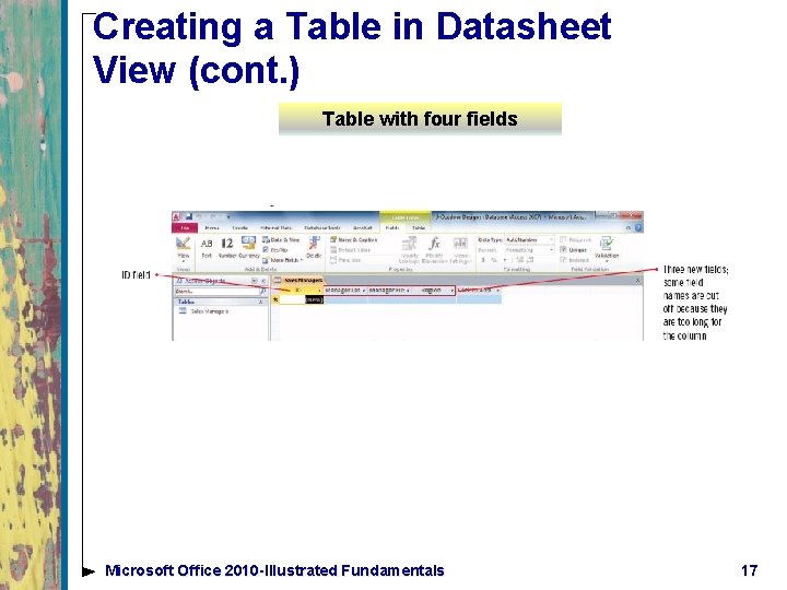 Creating a Table in Datasheet View (cont. ) Table with four fields Microsoft Office